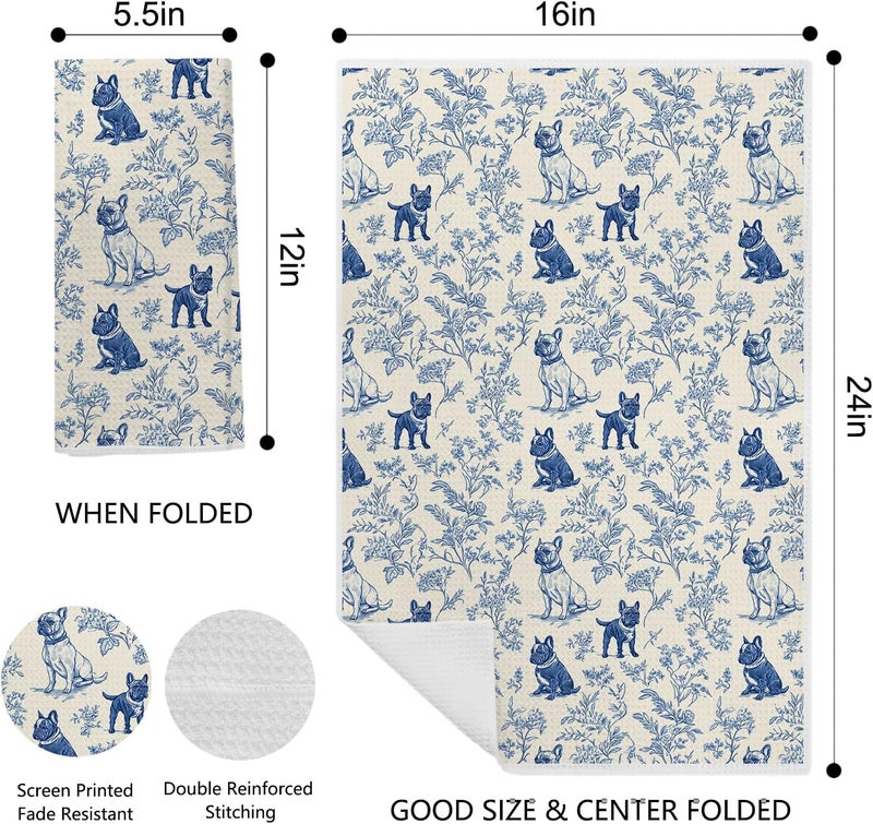 EKGJW French Bulldog Kitchen Towel, Chinoiserie Dog Hand & Dish Towel for Dog Lovers,Frenchie Gifts for Women, Farmhouse Blue Floral Tea Towels for Moms, 16x24 Inch - Image 2